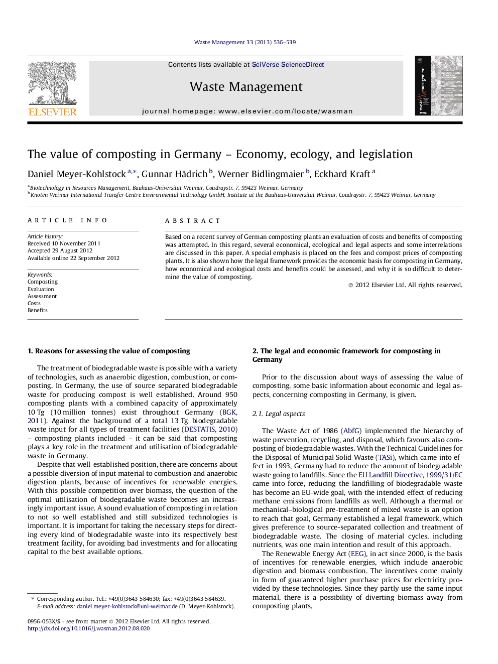 The value of composting in Germany - Economy, ecology, and legislation