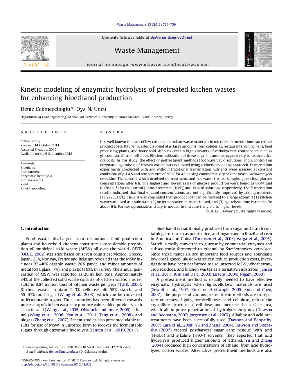 Kinetic modeling of enzymatic hydrolysis of pretreated kitchen wastes for enhancing bioethanol production