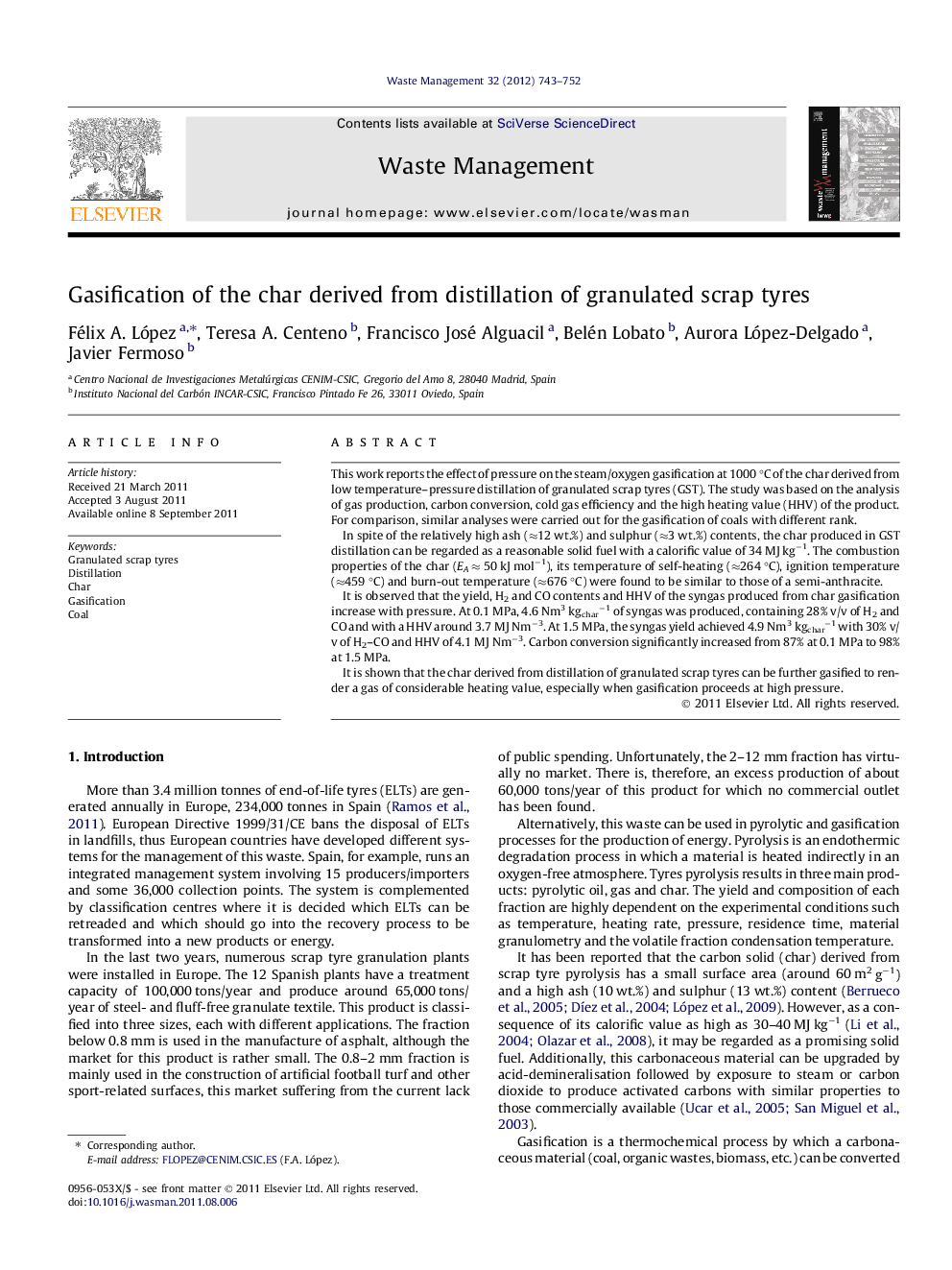 Gasification of the char derived from distillation of granulated scrap tyres