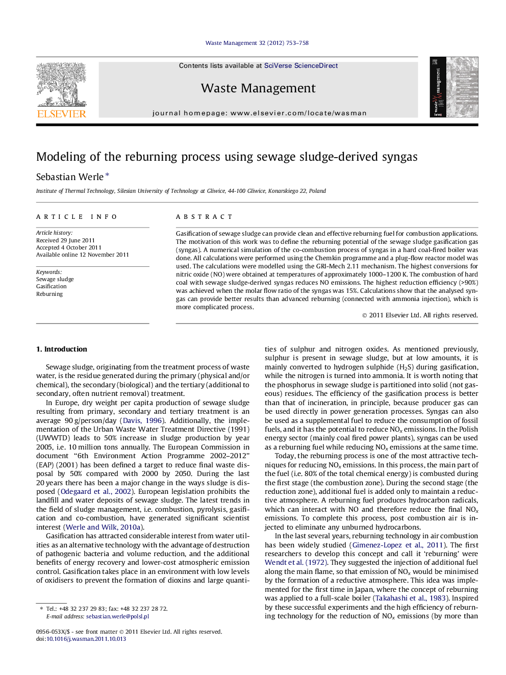 Modeling of the reburning process using sewage sludge-derived syngas