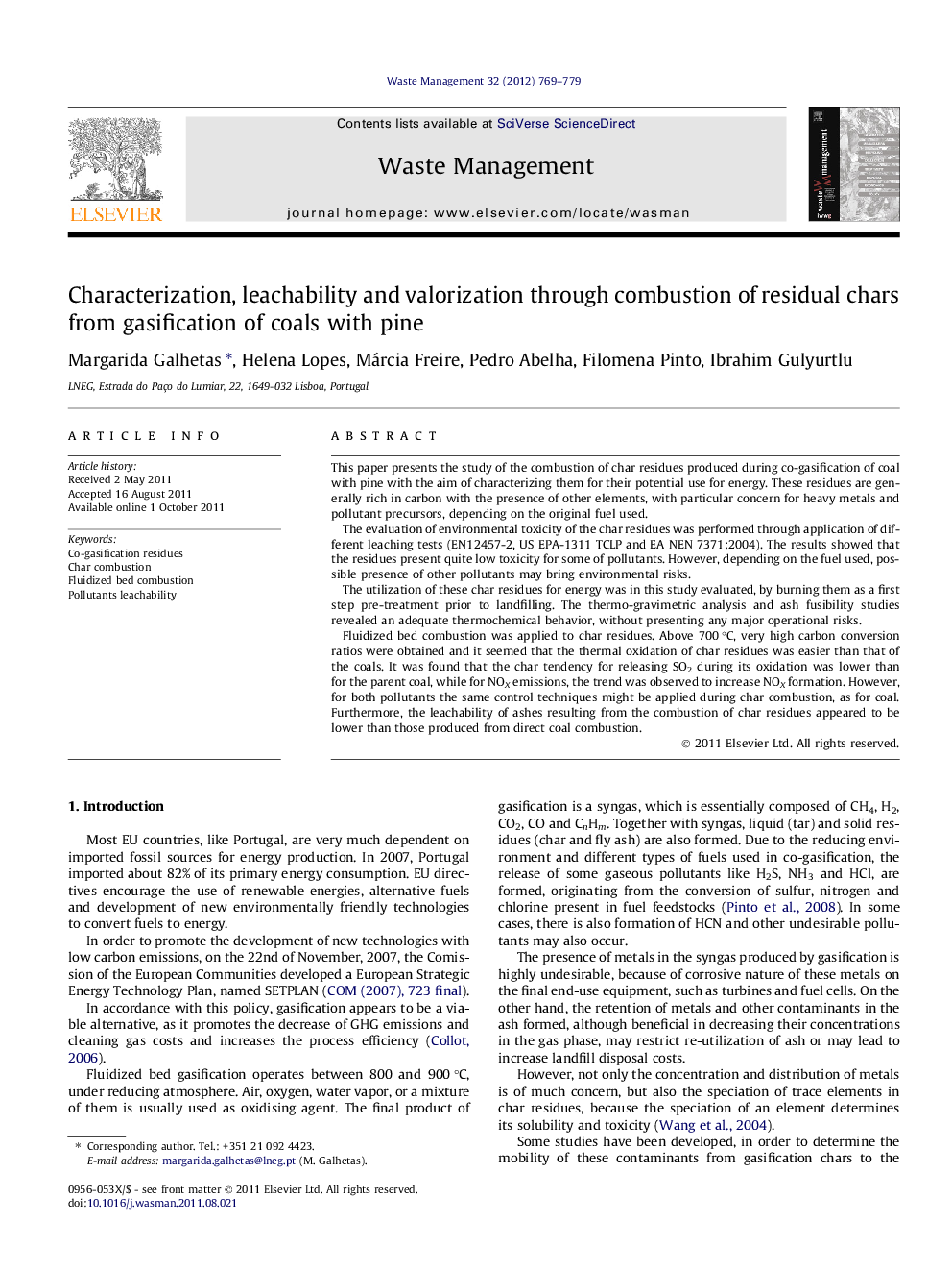 Characterization, leachability and valorization through combustion of residual chars from gasification of coals with pine