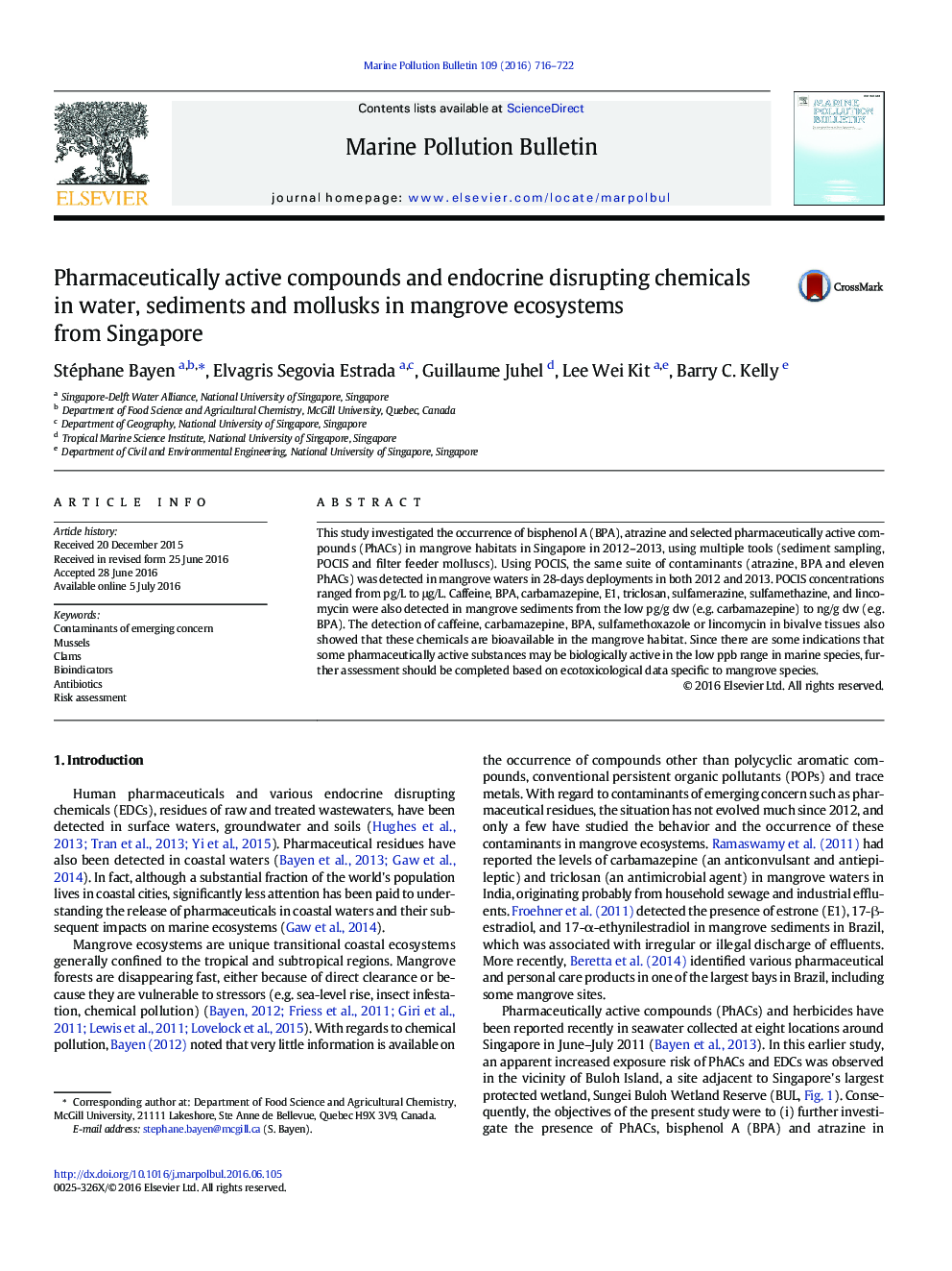 Pharmaceutically active compounds and endocrine disrupting chemicals in water, sediments and mollusks in mangrove ecosystems from Singapore