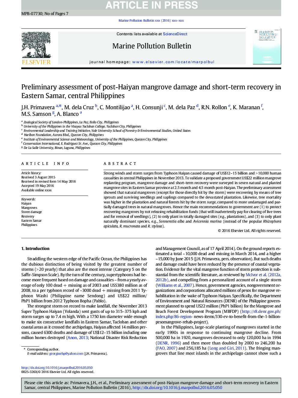 Preliminary assessment of post-Haiyan mangrove damage and short-term recovery in Eastern Samar, central Philippines