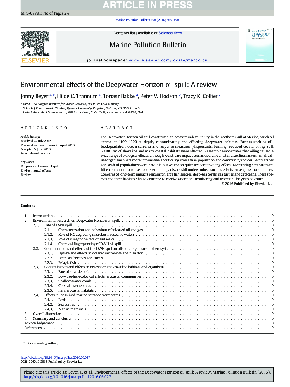 Environmental effects of the Deepwater Horizon oil spill: A review