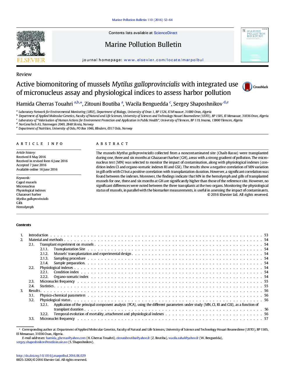 Active biomonitoring of mussels Mytilus galloprovincialis with integrated use of micronucleus assay and physiological indices to assess harbor pollution