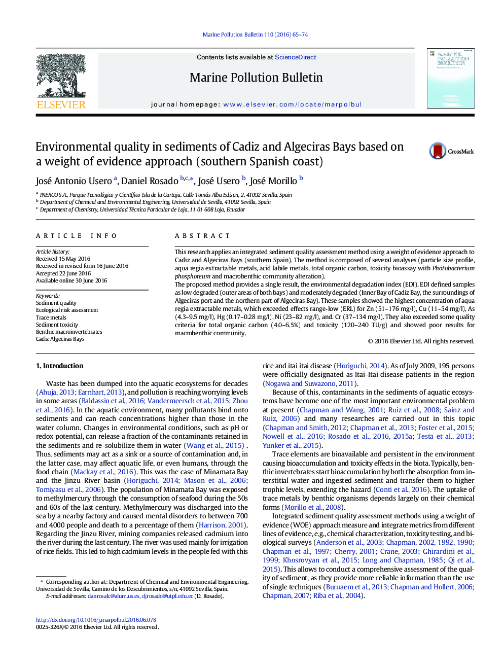 Environmental quality in sediments of Cadiz and Algeciras Bays based on a weight of evidence approach (southern Spanish coast)