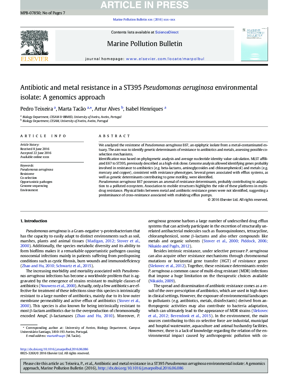 Antibiotic and metal resistance in a ST395 Pseudomonas aeruginosa environmental isolate: A genomics approach