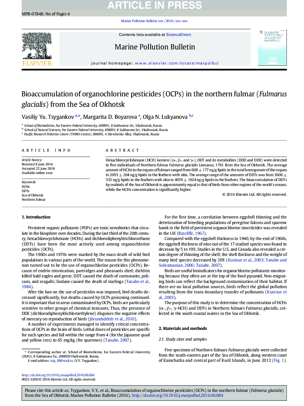 Bioaccumulation of organochlorine pesticides (OCPs) in the northern fulmar (Fulmarus glacialis) from the Sea of Okhotsk