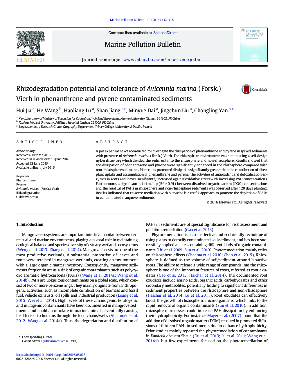 Rhizodegradation potential and tolerance of Avicennia marina (Forsk.) Vierh in phenanthrene and pyrene contaminated sediments