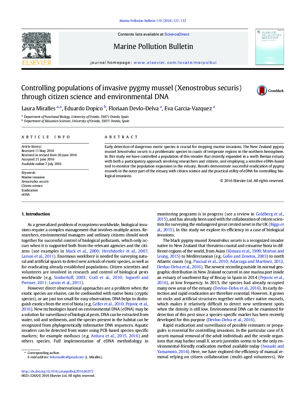 Controlling populations of invasive pygmy mussel (Xenostrobus securis) through citizen science and environmental DNA