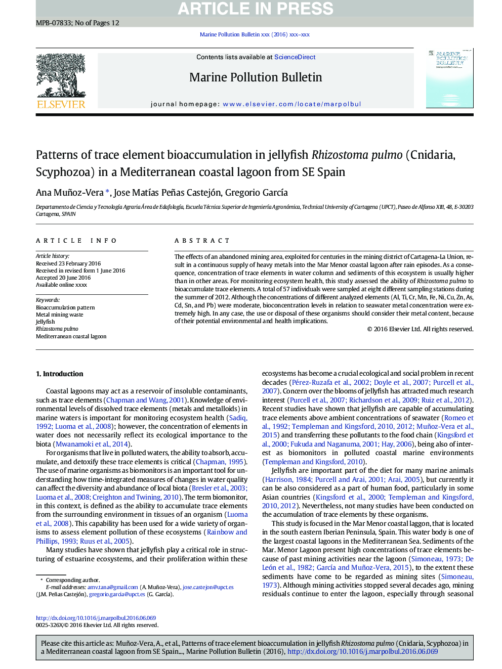 Patterns of trace element bioaccumulation in jellyfish Rhizostoma pulmo (Cnidaria, Scyphozoa) in a Mediterranean coastal lagoon from SE Spain