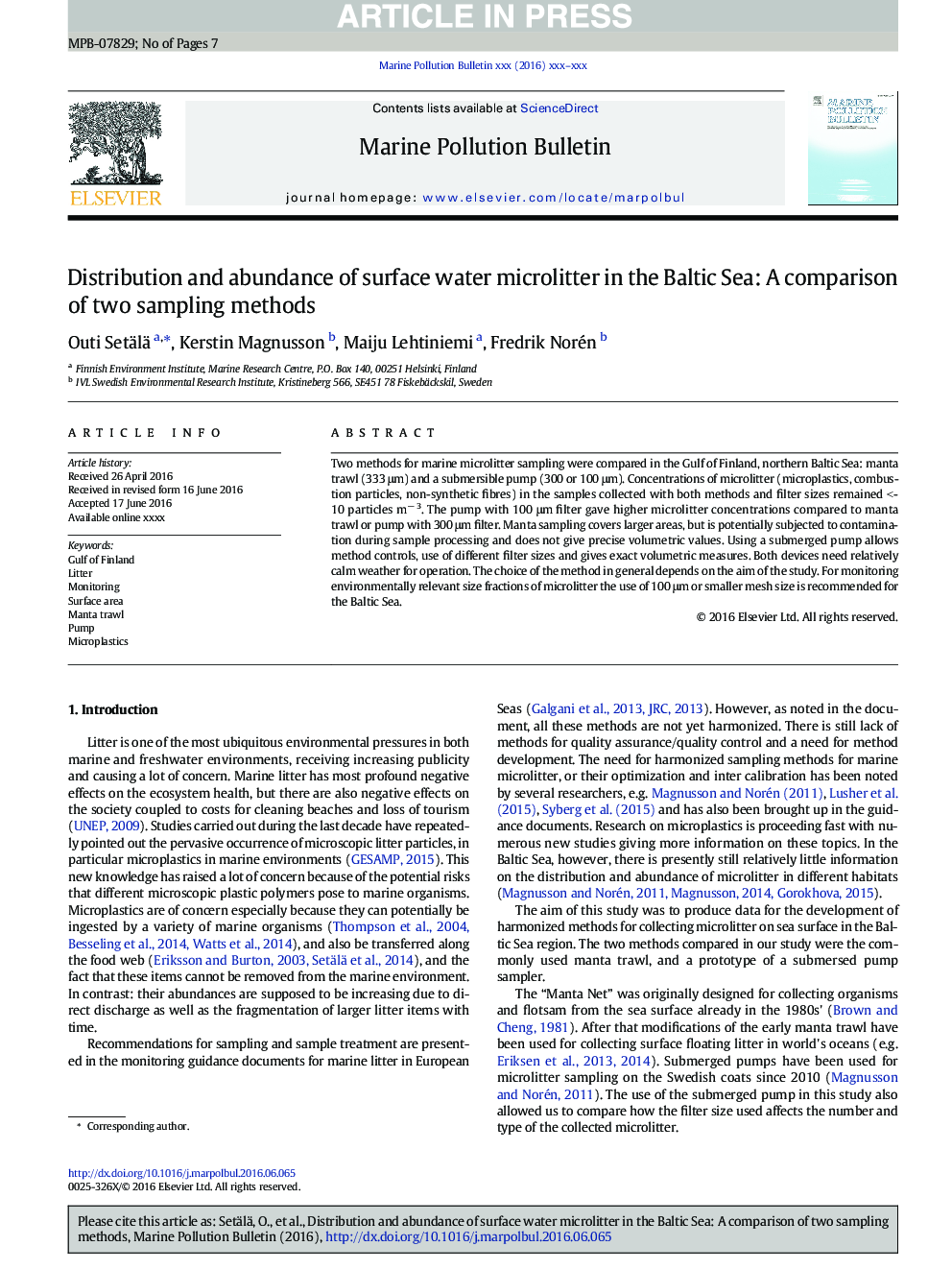 توزیع و فراوانی میکرولیتر آب سطحی در دریای بالتیک: مقایسه دو روش نمونه گیری 