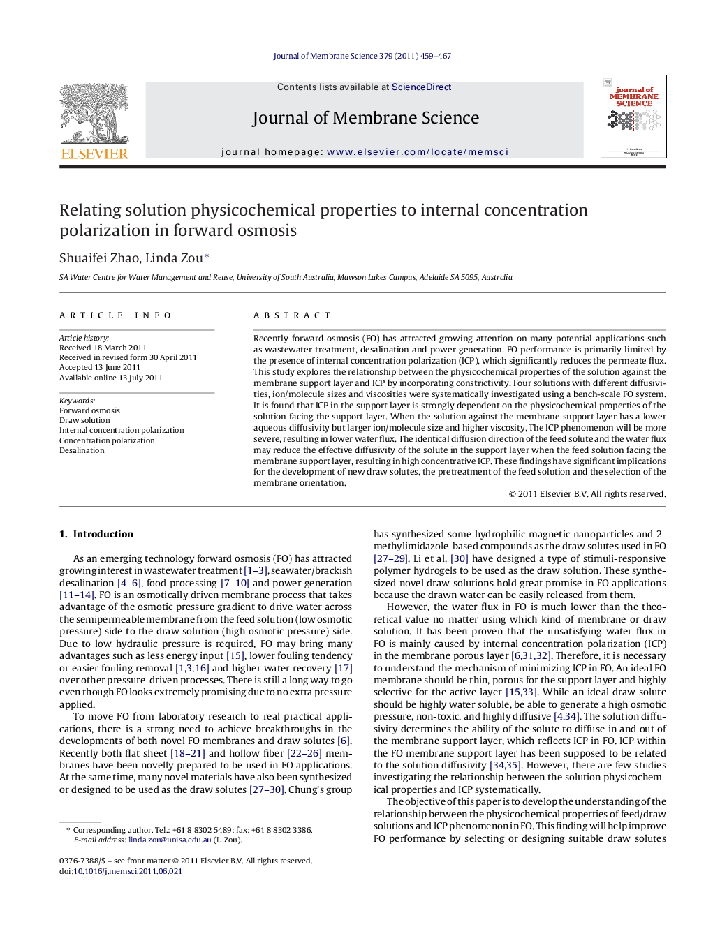 Relating solution physicochemical properties to internal concentration polarization in forward osmosis