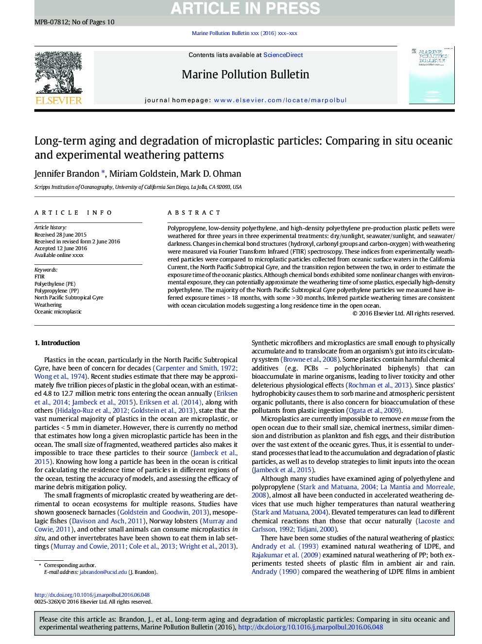 Long-term aging and degradation of microplastic particles: Comparing in situ oceanic and experimental weathering patterns