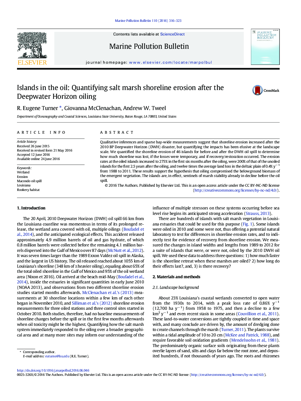 Islands in the oil: Quantifying salt marsh shoreline erosion after the Deepwater Horizon oiling