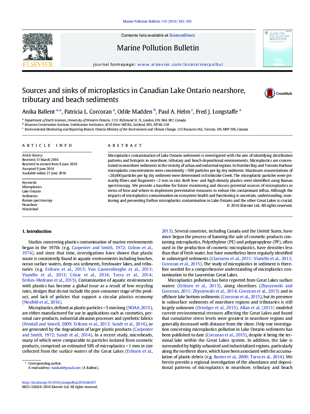 Sources and sinks of microplastics in Canadian Lake Ontario nearshore, tributary and beach sediments