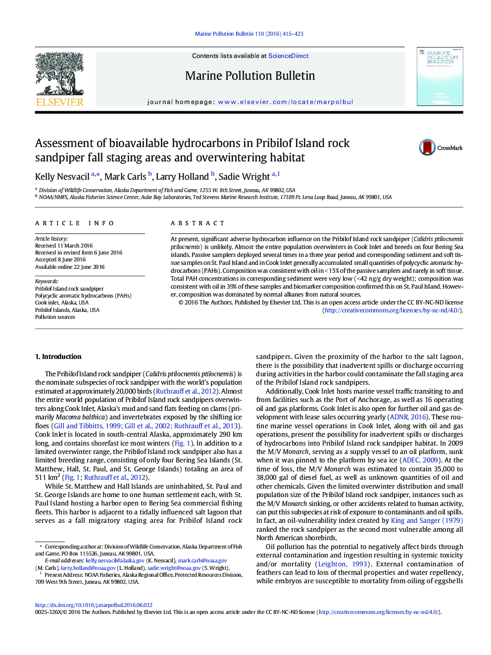 Assessment of bioavailable hydrocarbons in Pribilof Island rock sandpiper fall staging areas and overwintering habitat