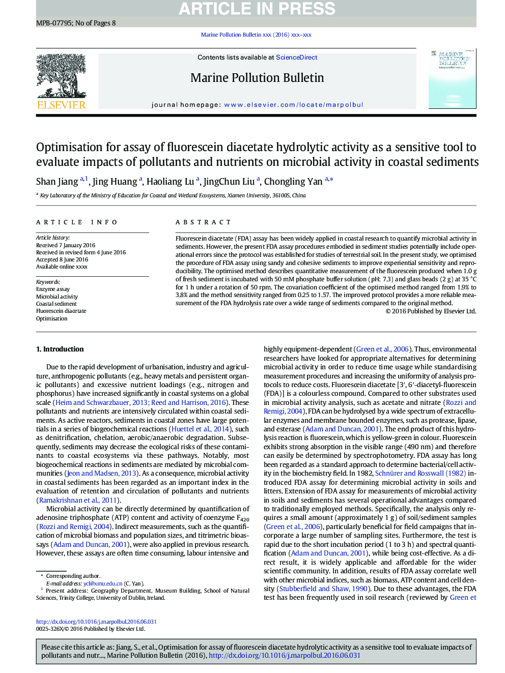 Optimisation for assay of fluorescein diacetate hydrolytic activity as a sensitive tool to evaluate impacts of pollutants and nutrients on microbial activity in coastal sediments