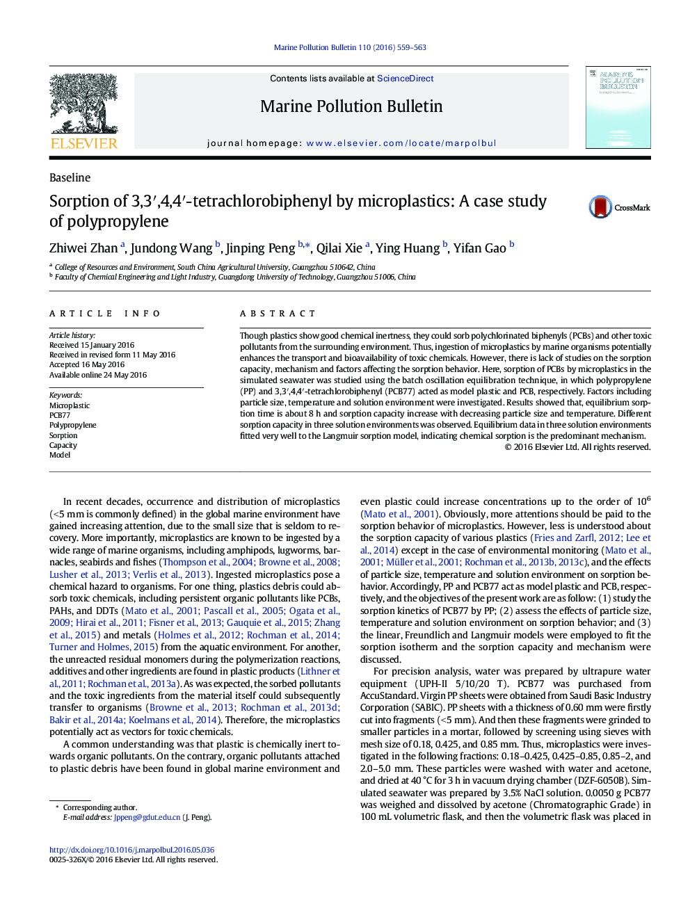 BaselineSorption of 3,3â²,4,4â²-tetrachlorobiphenyl by microplastics: A case study of polypropylene