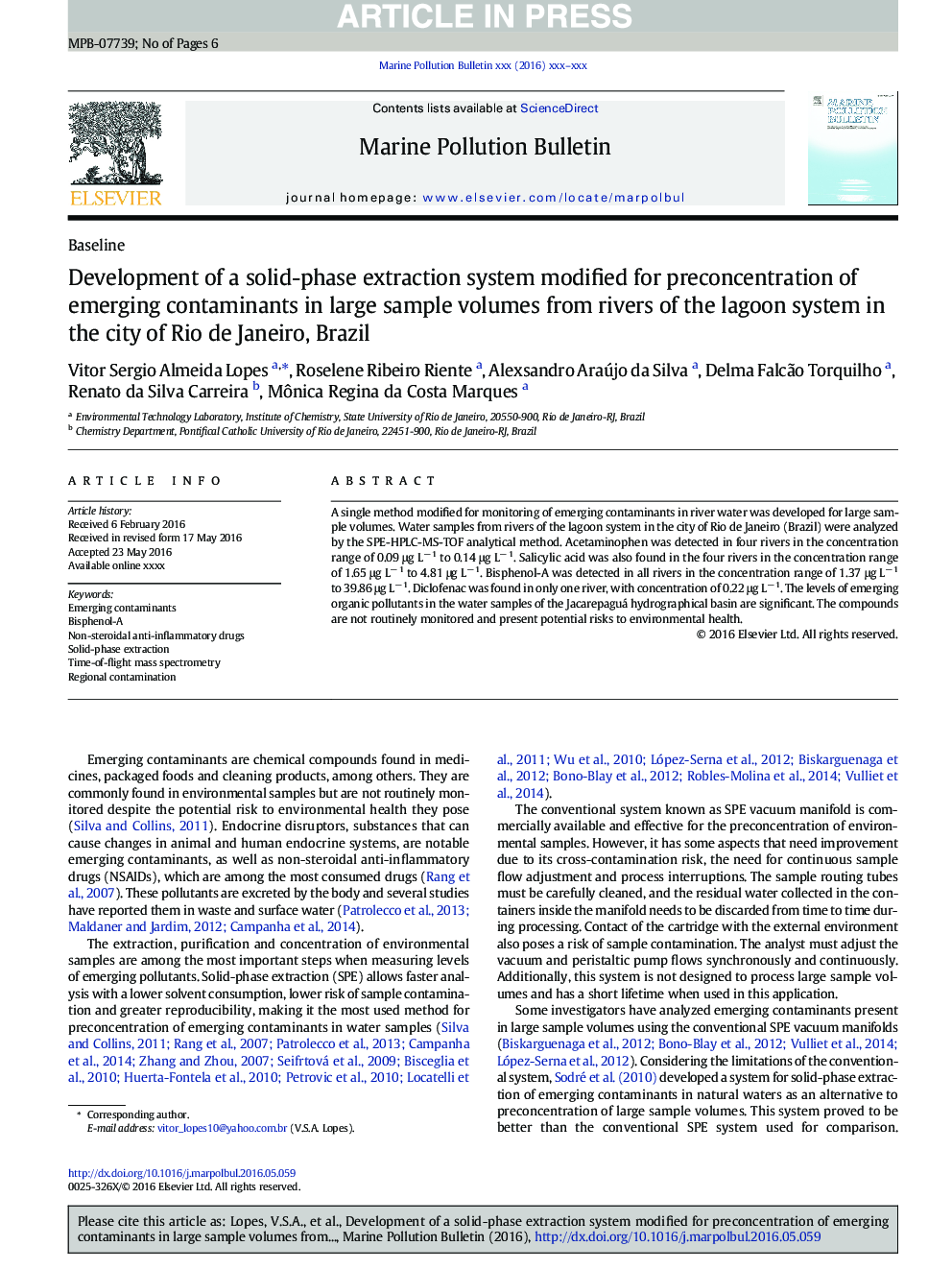 Development of a solid-phase extraction system modified for preconcentration of emerging contaminants in large sample volumes from rivers of the lagoon system in the city of Rio de Janeiro, Brazil