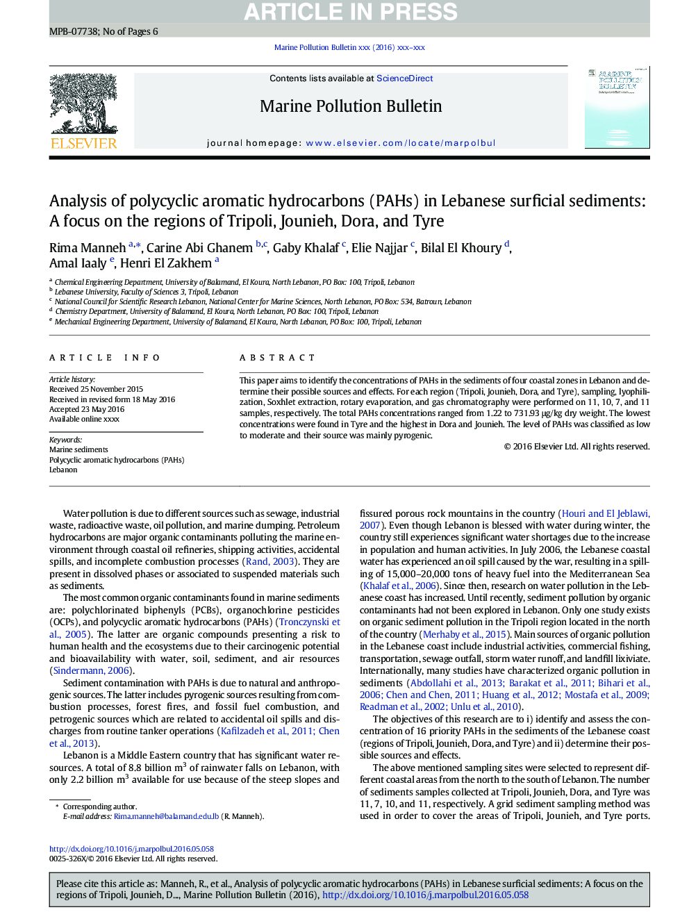 Analysis of polycyclic aromatic hydrocarbons (PAHs) in Lebanese surficial sediments: A focus on the regions of Tripoli, Jounieh, Dora, and Tyre