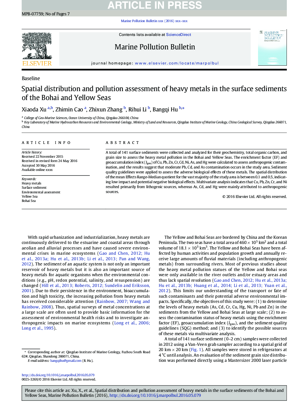 Spatial distribution and pollution assessment of heavy metals in the surface sediments of the Bohai and Yellow Seas