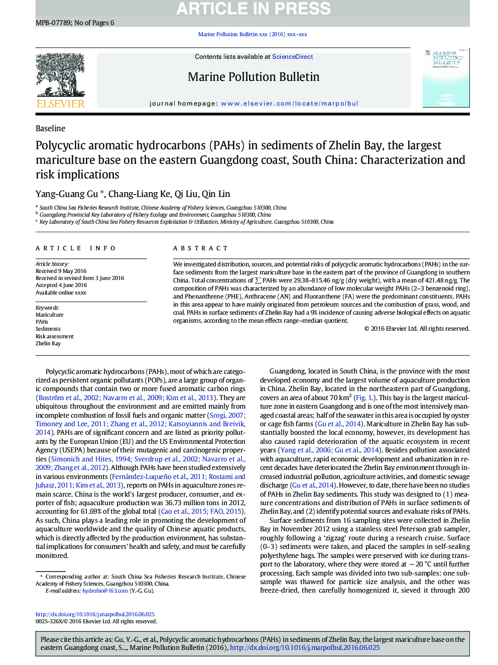 Polycyclic aromatic hydrocarbons (PAHs) in sediments of Zhelin Bay, the largest mariculture base on the eastern Guangdong coast, South China: Characterization and risk implications