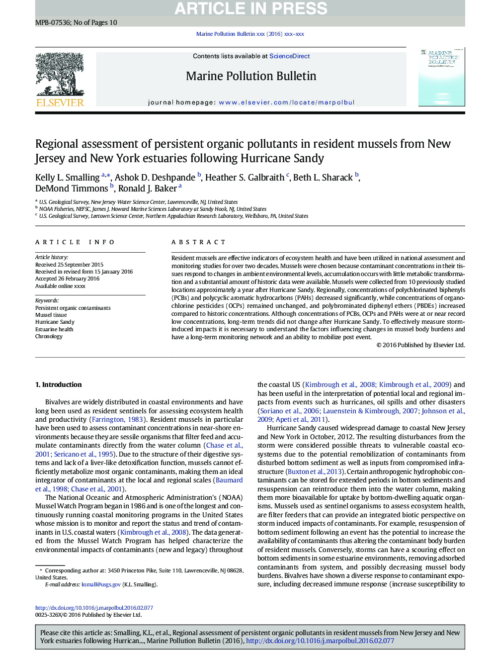 Regional assessment of persistent organic pollutants in resident mussels from New Jersey and New York estuaries following Hurricane Sandy