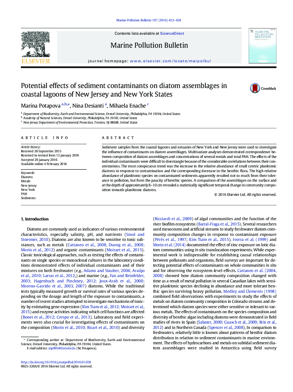 Potential effects of sediment contaminants on diatom assemblages in coastal lagoons of New Jersey and New York States