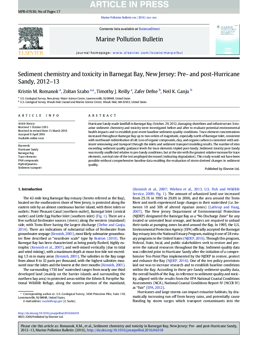 شیمی درمانی و سمیت در خلیج بارنات، نیوجرسی: پیش از و پس از طوفان شنی، 2012-13 