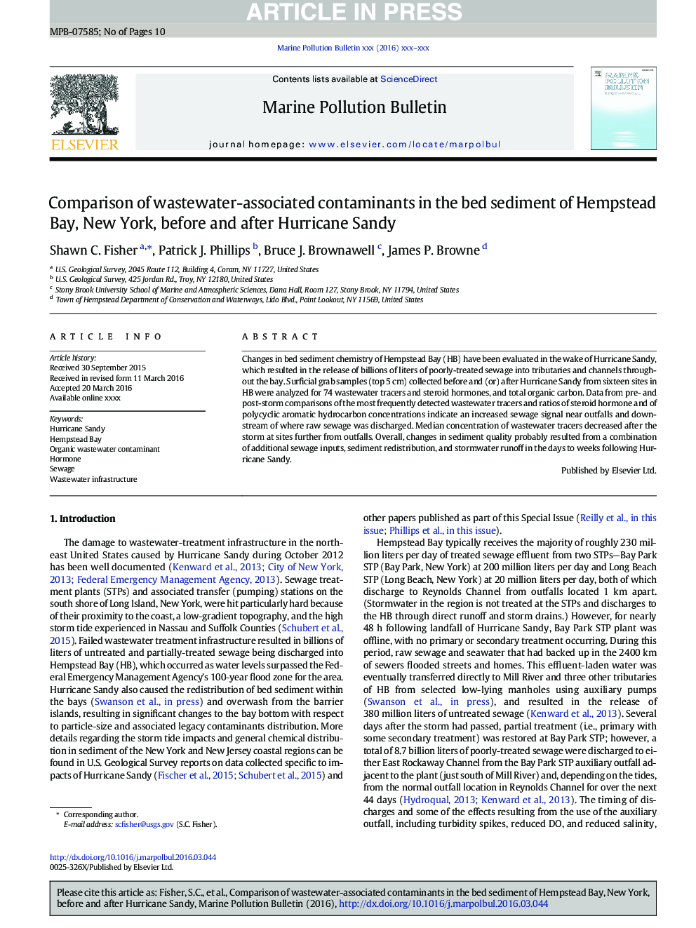 Comparison of wastewater-associated contaminants in the bed sediment of Hempstead Bay, New York, before and after Hurricane Sandy