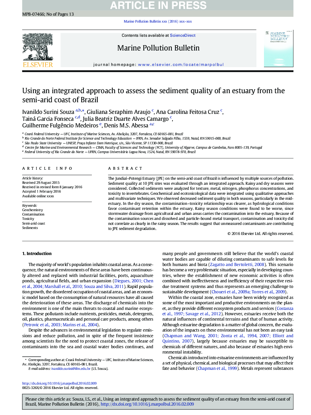 Using an integrated approach to assess the sediment quality of an estuary from the semi-arid coast of Brazil