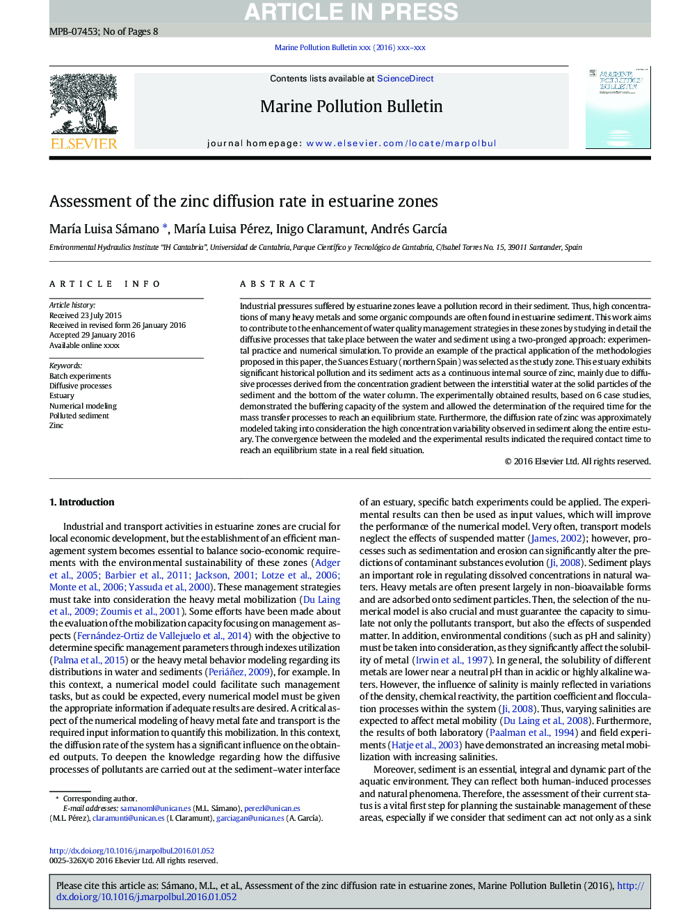 Assessment of the zinc diffusion rate in estuarine zones