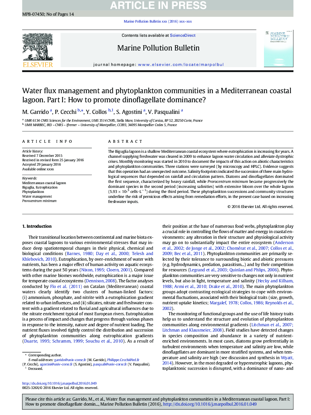 Water flux management and phytoplankton communities in a Mediterranean coastal lagoon. Part I: How to promote dinoflagellate dominance?