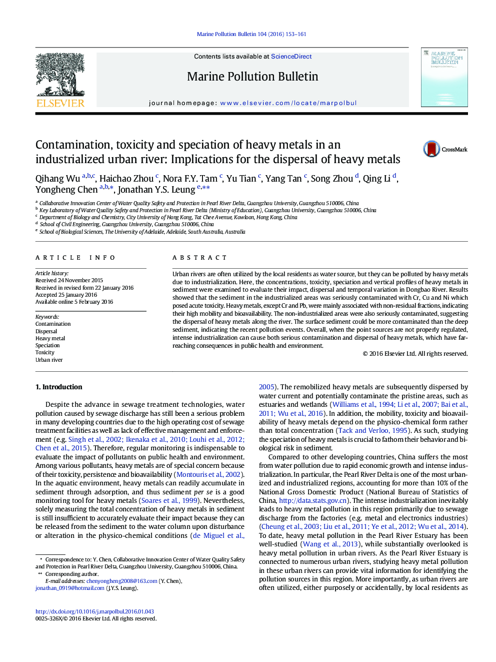 Contamination, toxicity and speciation of heavy metals in an industrialized urban river: Implications for the dispersal of heavy metals