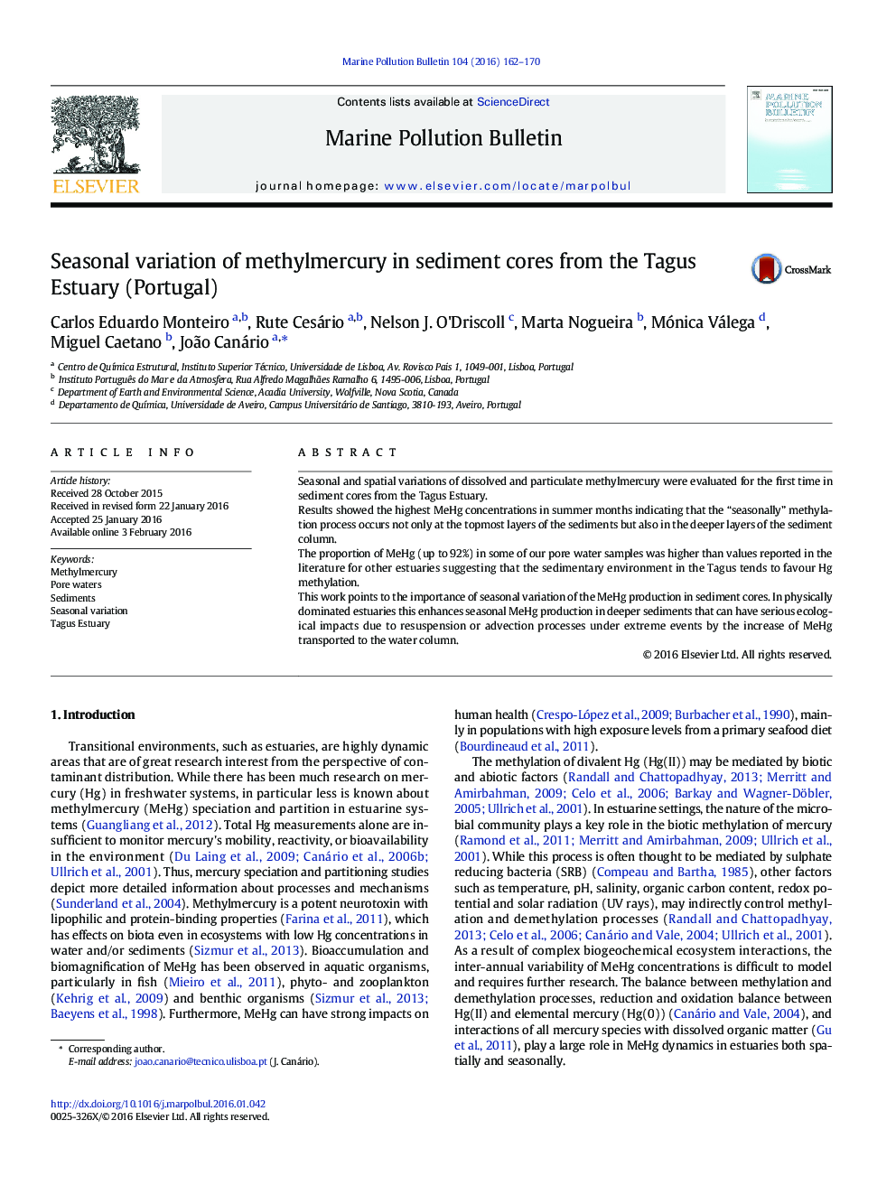 Seasonal variation of methylmercury in sediment cores from the Tagus Estuary (Portugal)