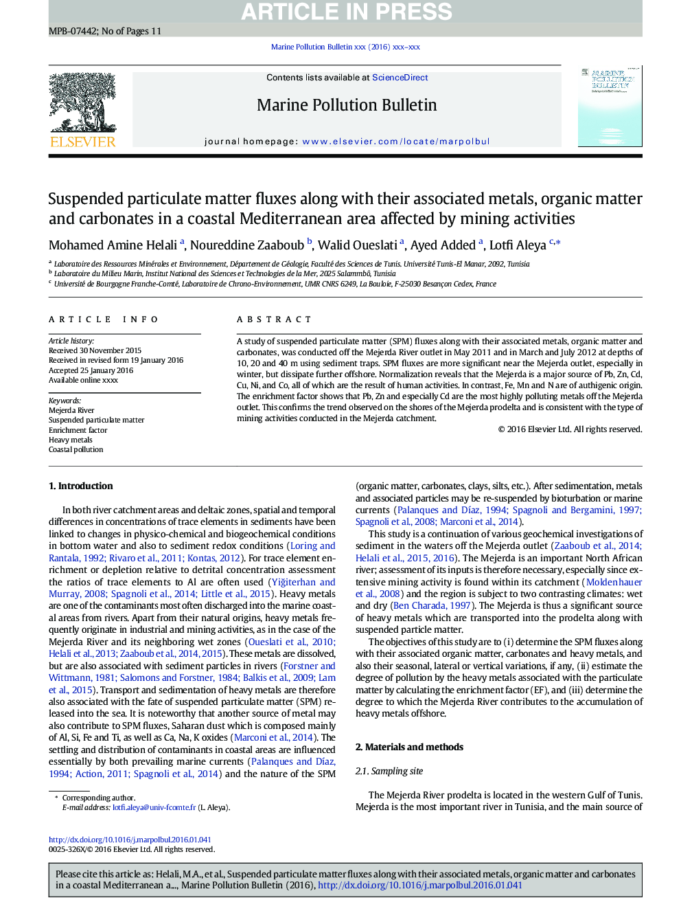 Suspended particulate matter fluxes along with their associated metals, organic matter and carbonates in a coastal Mediterranean area affected by mining activities