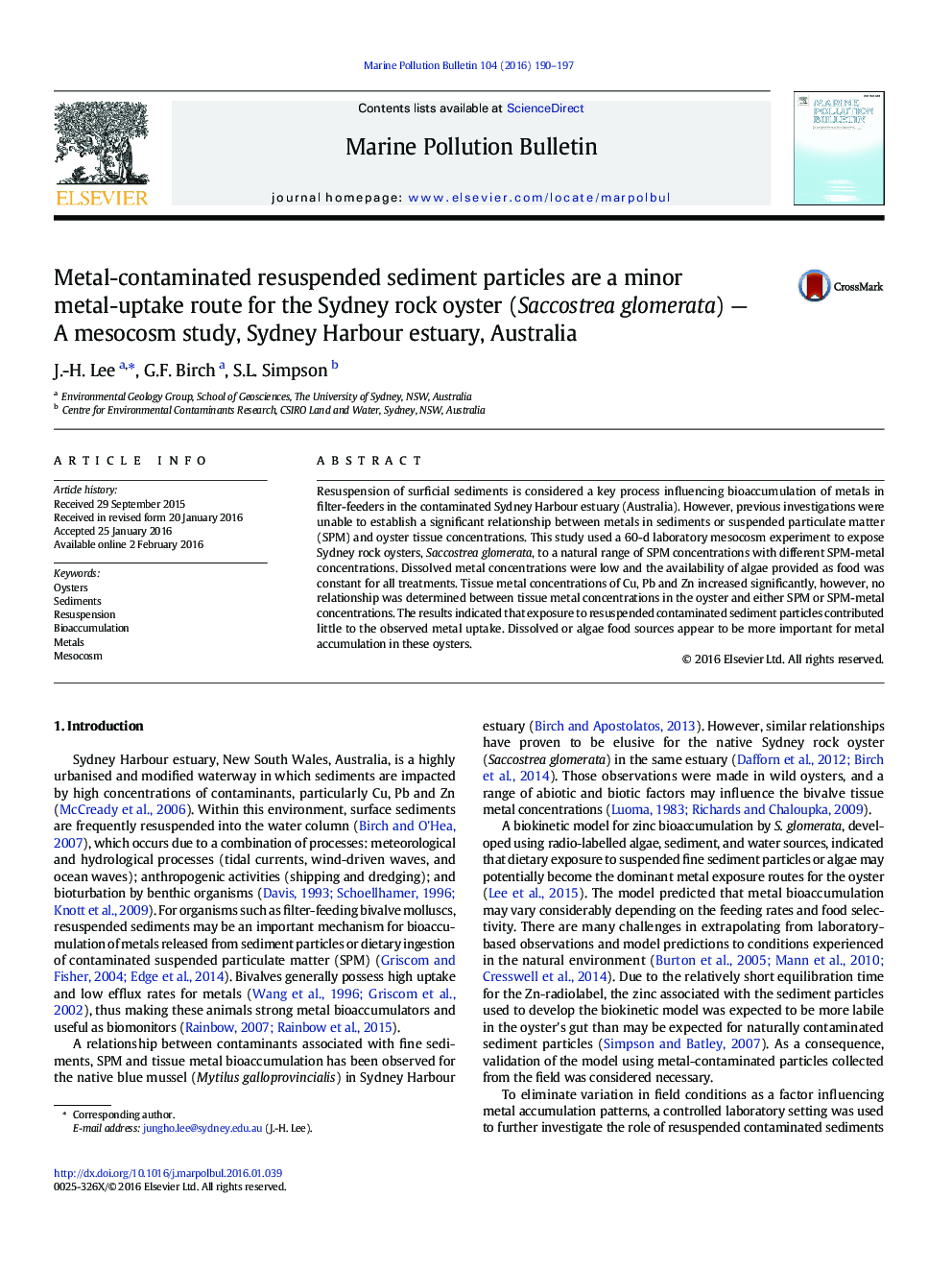 Metal-contaminated resuspended sediment particles are a minor metal-uptake route for the Sydney rock oyster (Saccostrea glomerata) — A mesocosm study, Sydney Harbour estuary, Australia