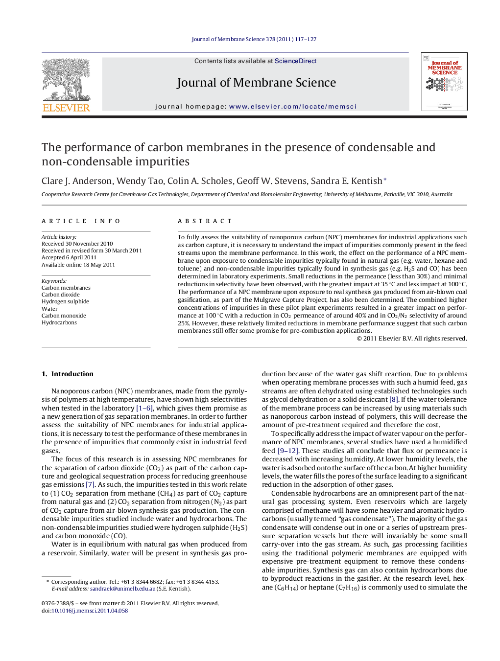 The performance of carbon membranes in the presence of condensable and non-condensable impurities