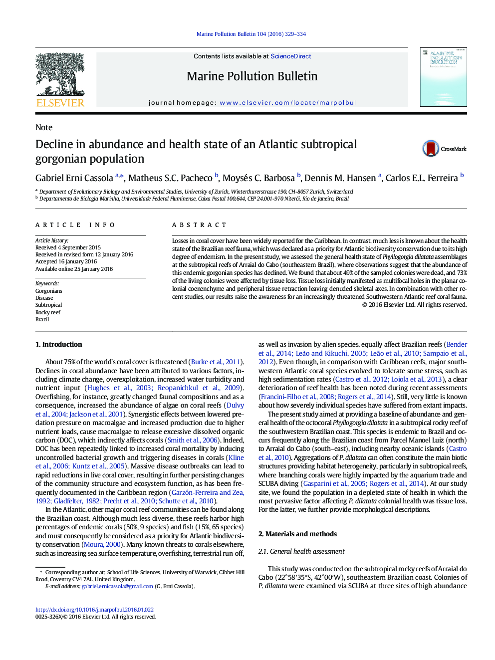 NoteDecline in abundance and health state of an Atlantic subtropical gorgonian population