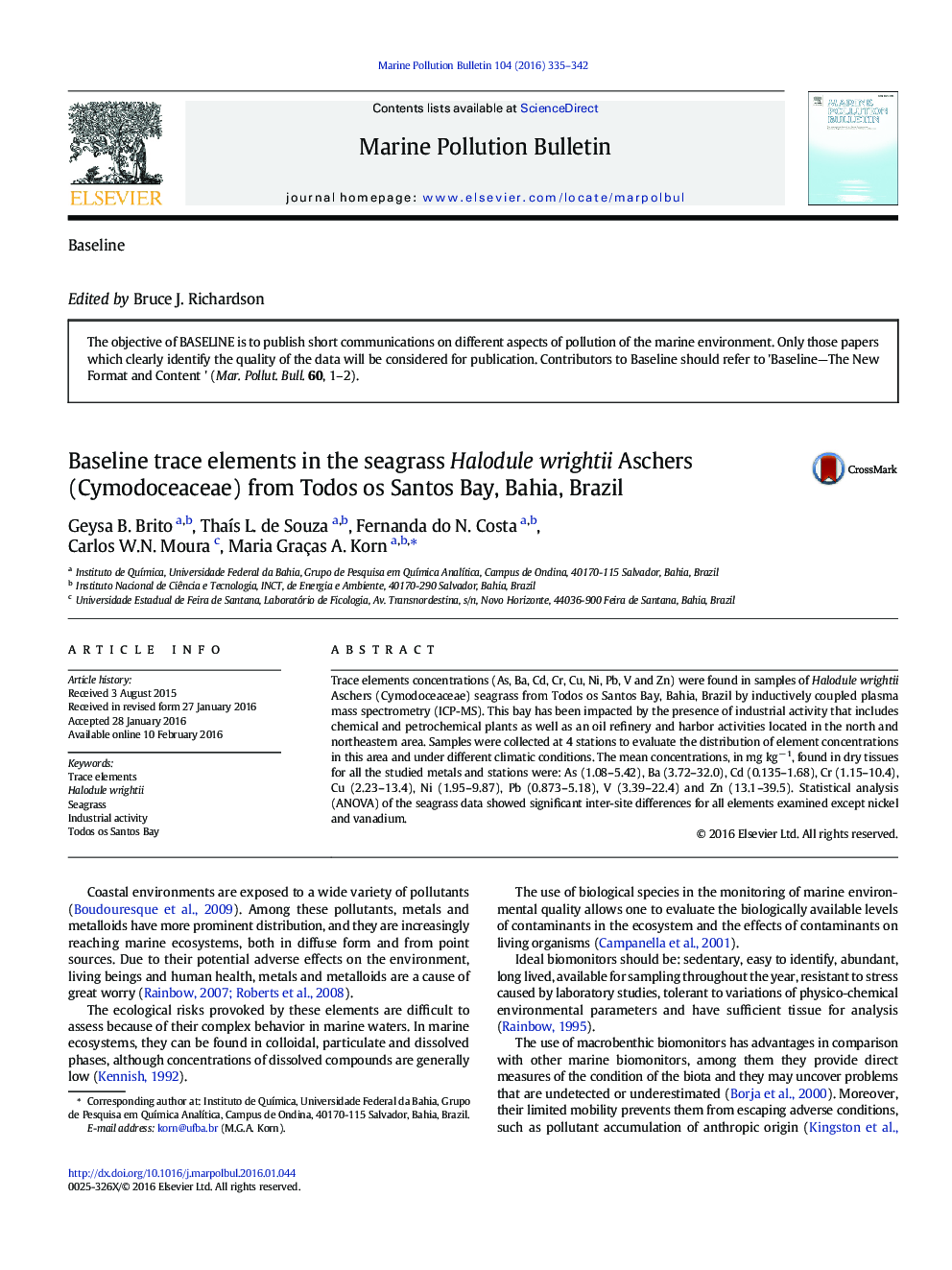 Baseline trace elements in the seagrass Halodule wrightii Aschers (Cymodoceaceae) from Todos os Santos Bay, Bahia, Brazil