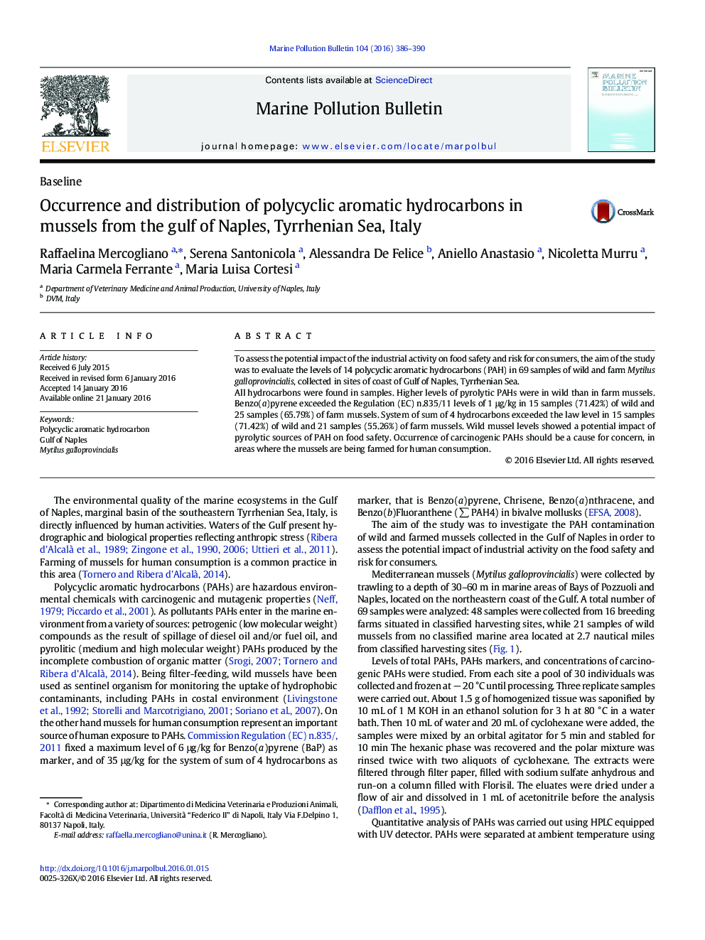 Occurrence and distribution of polycyclic aromatic hydrocarbons in mussels from the gulf of Naples, Tyrrhenian Sea, Italy