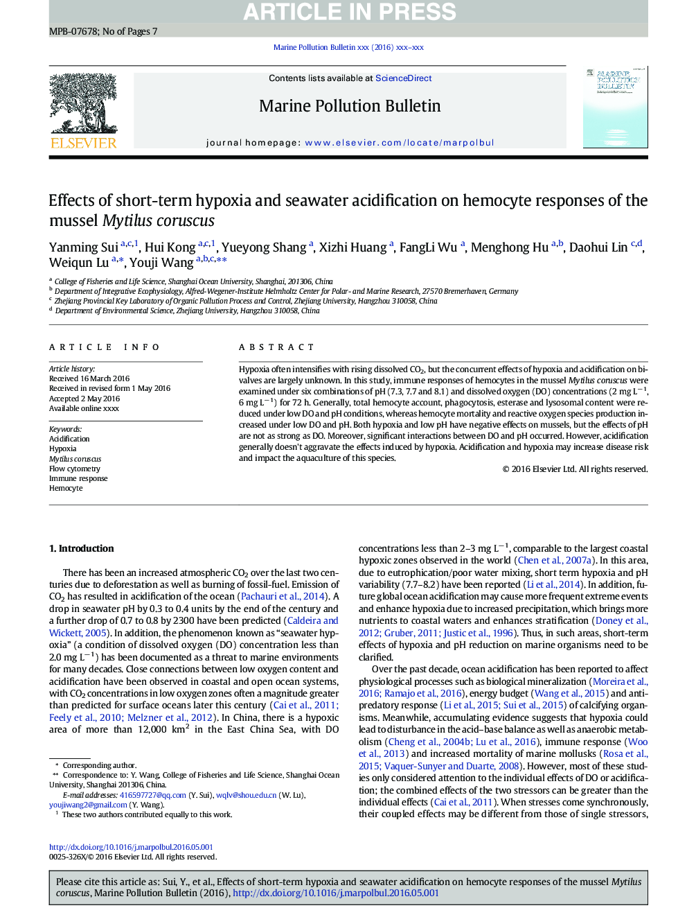 Effects of short-term hypoxia and seawater acidification on hemocyte responses of the mussel Mytilus coruscus