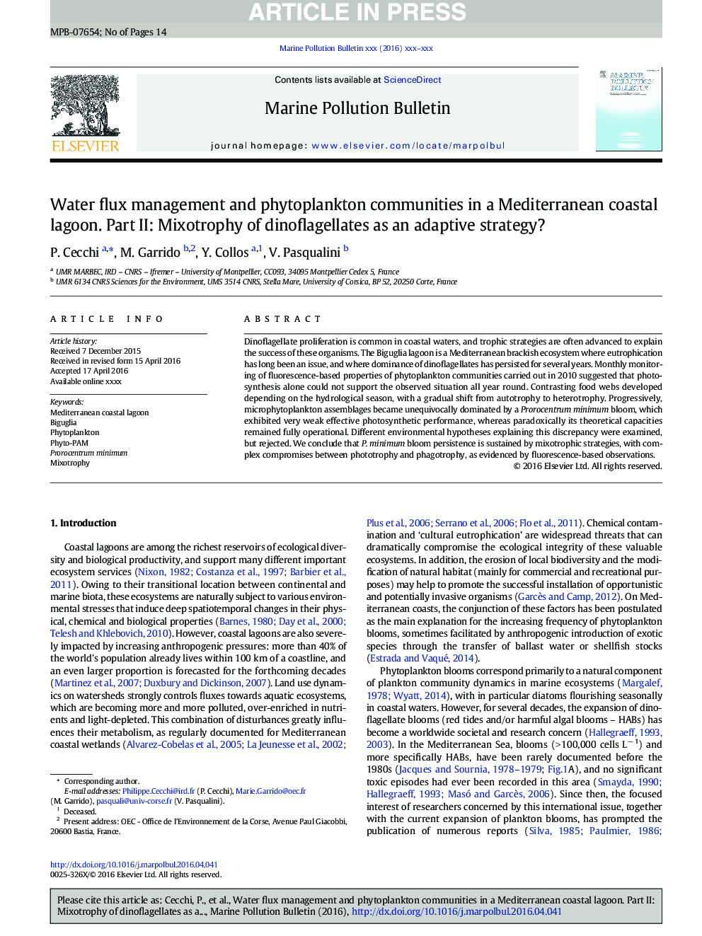 Water flux management and phytoplankton communities in a Mediterranean coastal lagoon. Part II: Mixotrophy of dinoflagellates as an adaptive strategy?