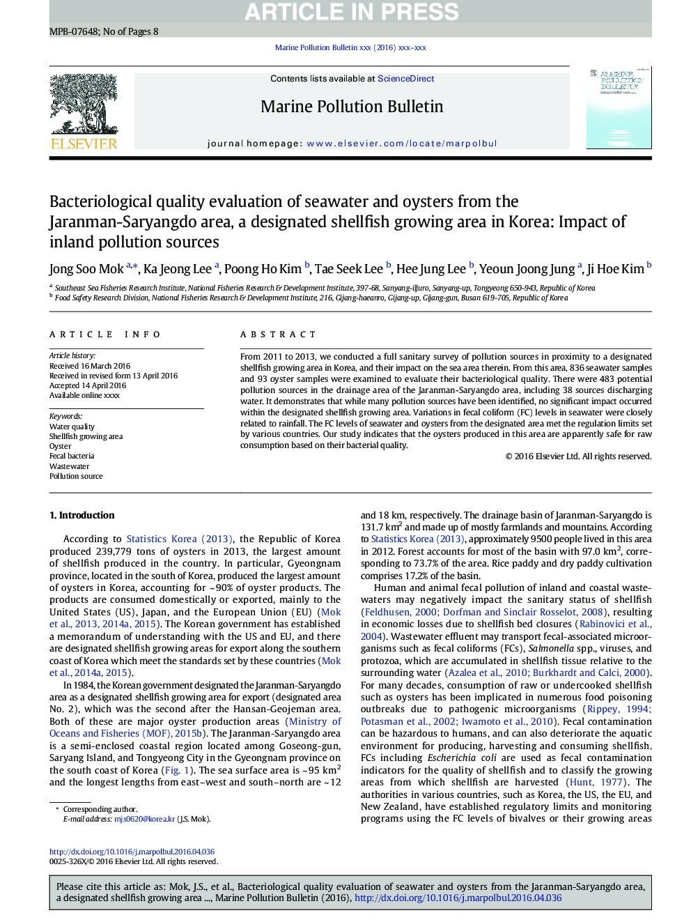 Bacteriological quality evaluation of seawater and oysters from the Jaranman-Saryangdo area, a designated shellfish growing area in Korea: Impact of inland pollution sources