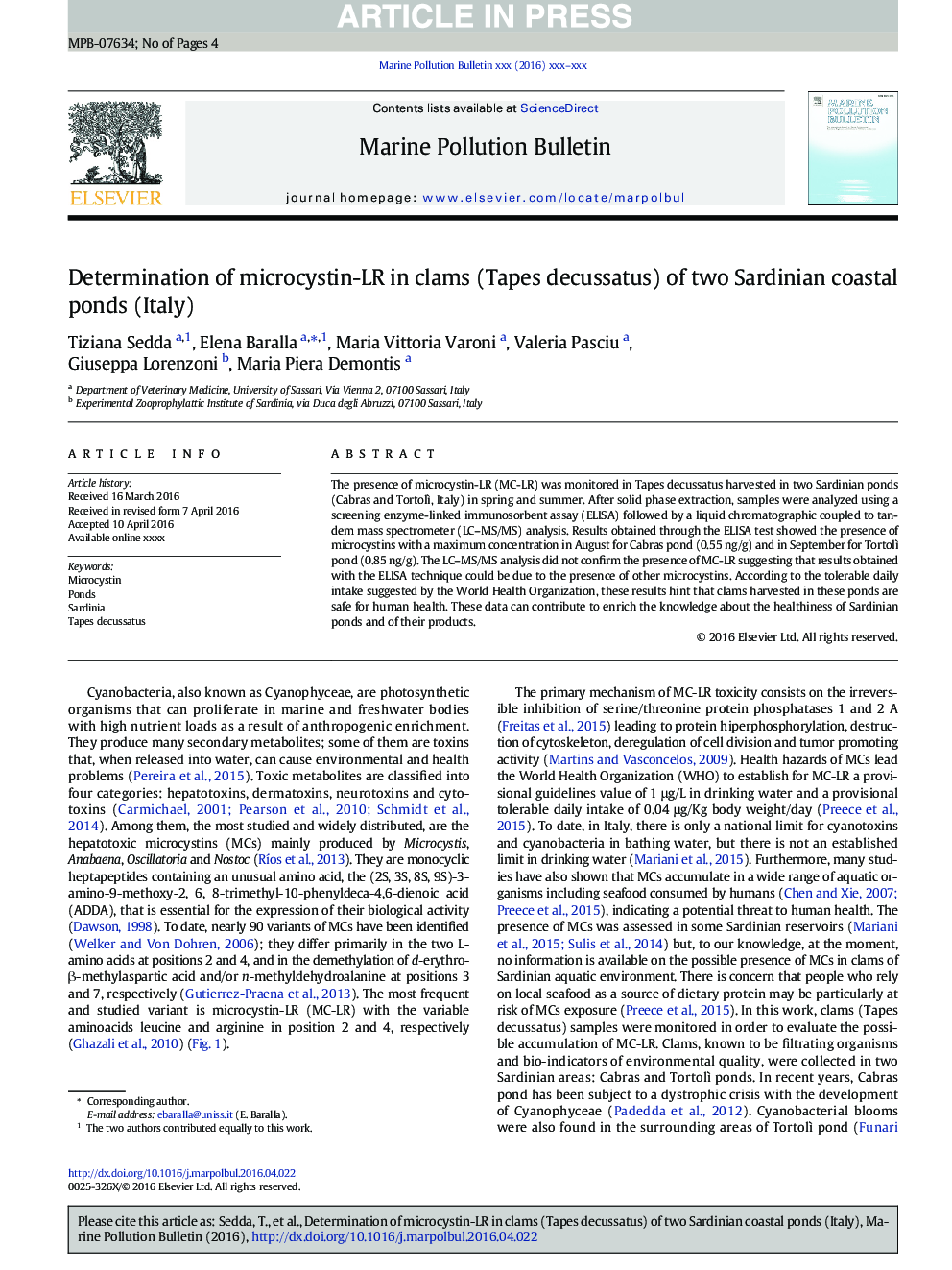 Determination of microcystin-LR in clams (Tapes decussatus) of two Sardinian coastal ponds (Italy)