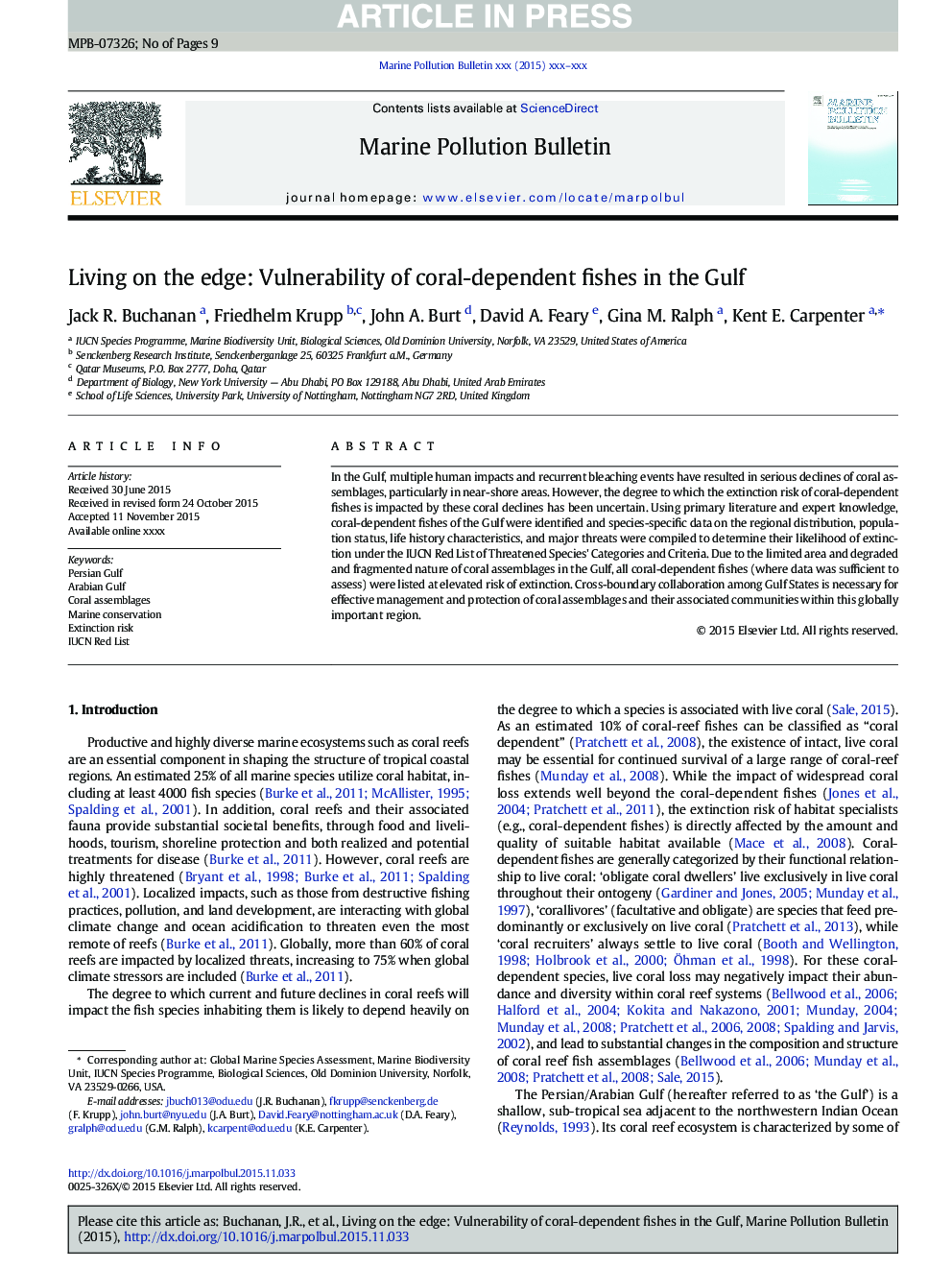 Living on the edge: Vulnerability of coral-dependent fishes in the Gulf