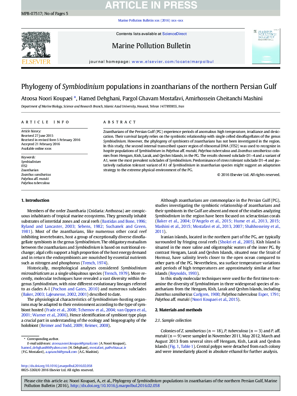 Phylogeny of Symbiodinium populations in zoantharians of the northern Persian Gulf