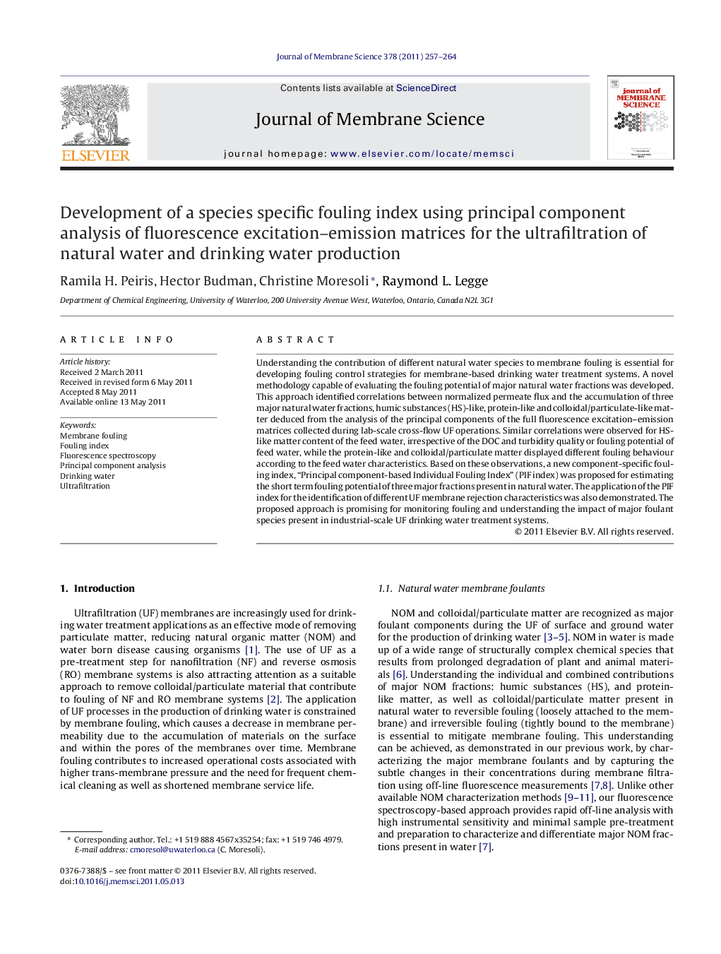 Development of a species specific fouling index using principal component analysis of fluorescence excitation-emission matrices for the ultrafiltration of natural water and drinking water production