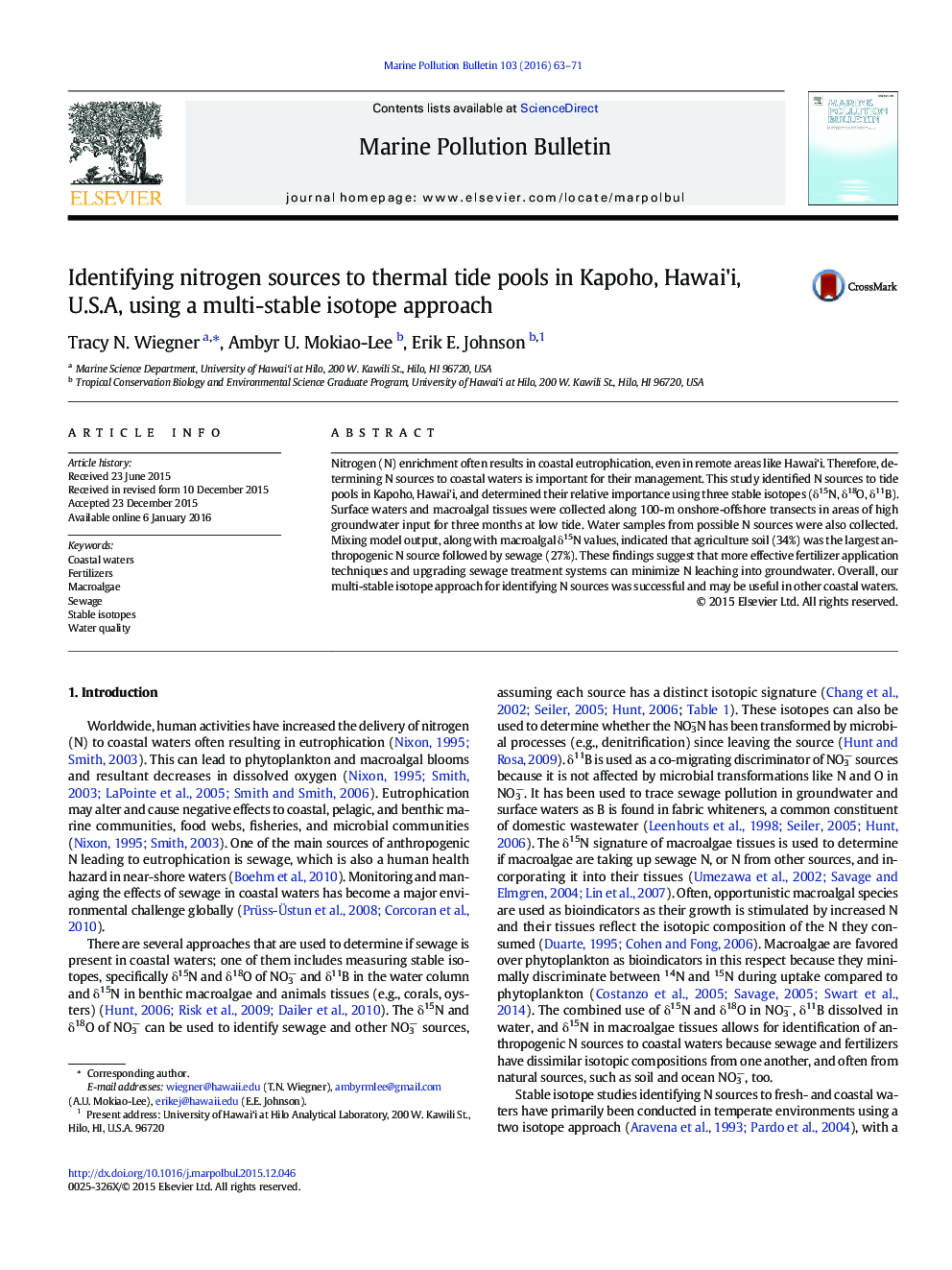 Identifying nitrogen sources to thermal tide pools in Kapoho, Hawai'i, U.S.A, using a multi-stable isotope approach